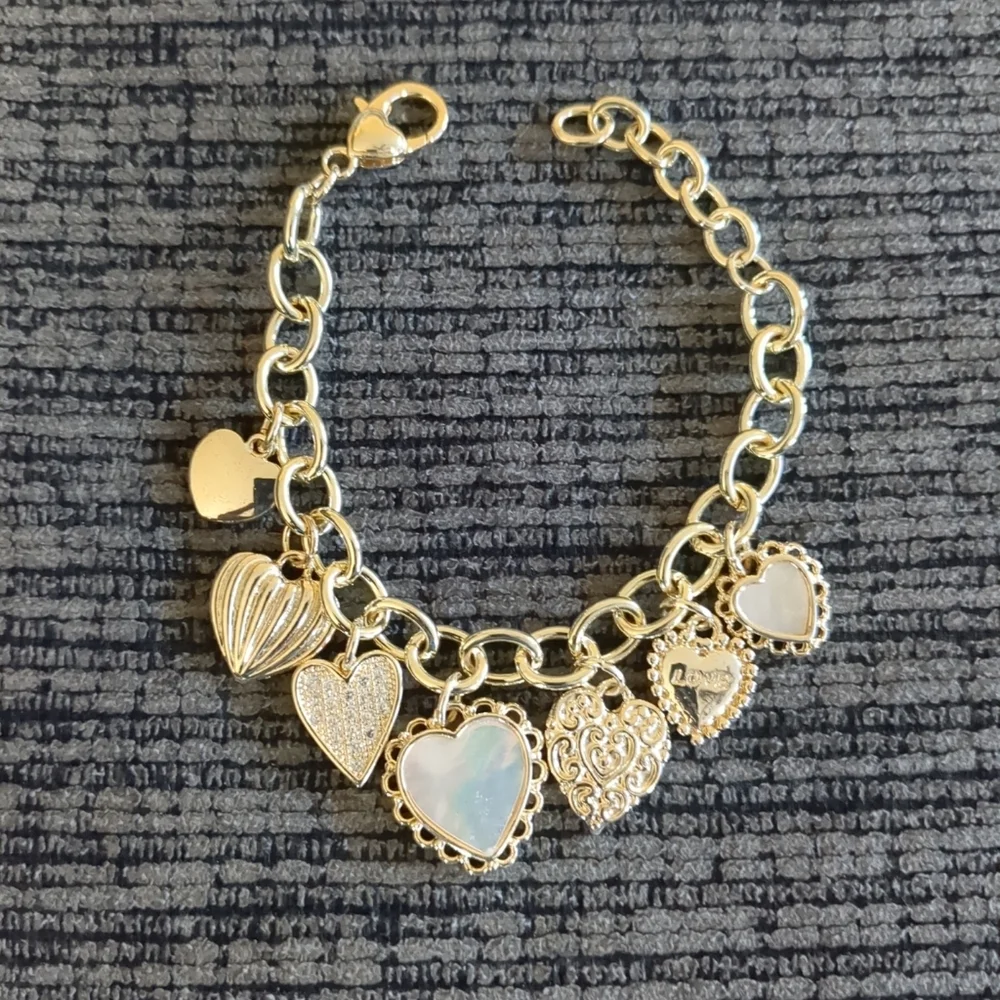 14K Gold Plated Mother of Pearl Heart Charm Bracelet with CZ – Adjustable 7.75